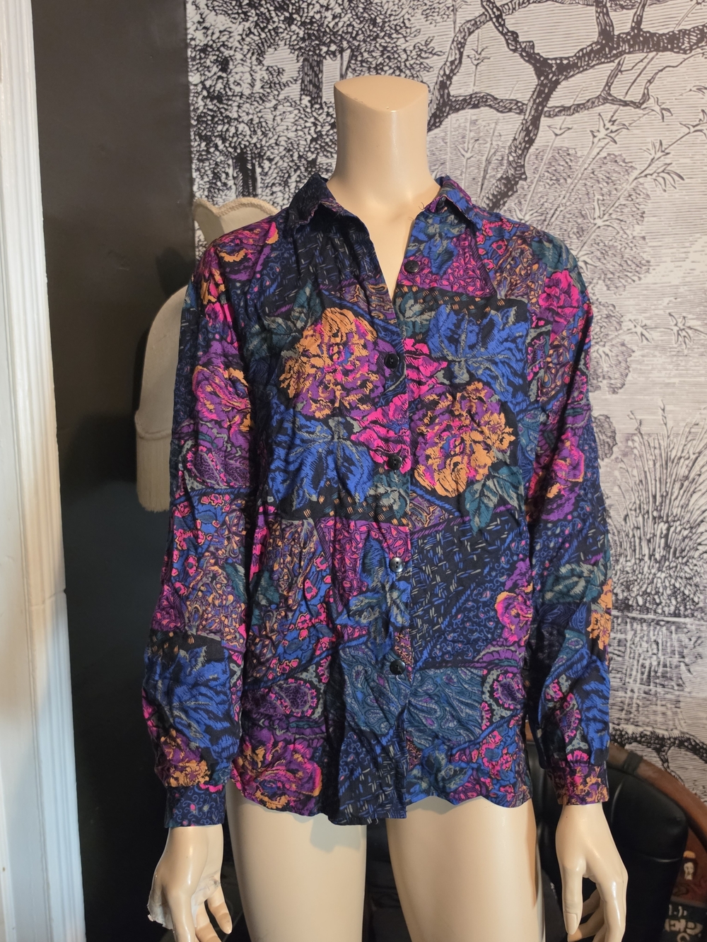 Vintage D.K. Gold Floral Patchwork Jewel Tone Button Up Blouse